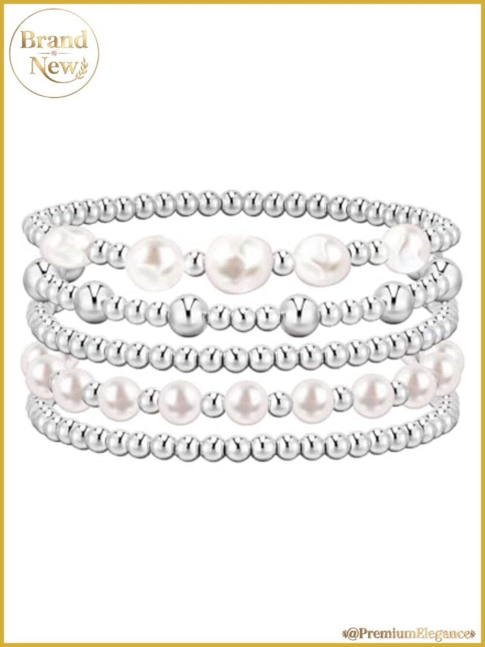 Women's 5-Piece Beaded Bracelet Stack Set, Gold & Silver Pearl Ball Stretch